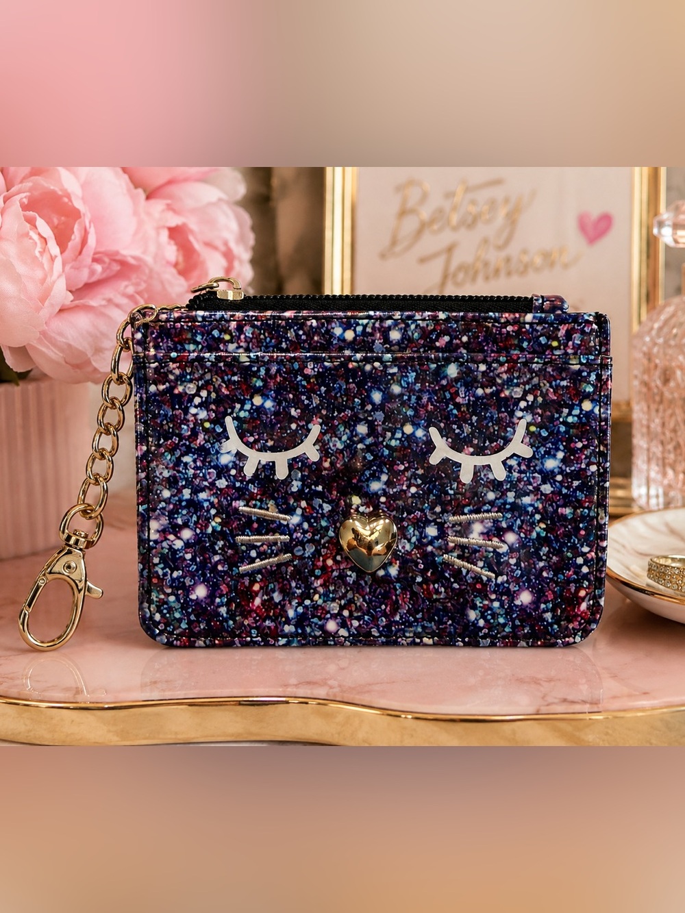 Betsey Johnson Luv Betsey Glitter Cat Card Holder Coin Purse Keychain